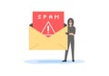 Concept Of Spamming Mailbox, Cyber Crime And Hacker Attack. Cheater In Face Mask Make Spam Mailing Using Malware