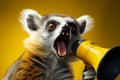 The concept sparkles as a lemur entertains with a yellow loudspeaker