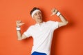 Concept of sport, fitness and lifestyle. Image of confident middle-aged man pointing at himself proudly, wearing clothes