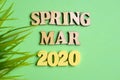 The concept of spring - March in the new year. Wooden numbers 2020 with letters with leaves on a green background. Top view