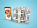 Concept stack of dollars in bank loan through smartphone 3d render on blue background with shadow Royalty Free Stock Photo