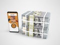 Concept stack of dollars in bank loan through smartphone 3d render on gray background with shadow Royalty Free Stock Photo