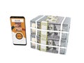 Concept stack of dollars in bank loan through smartphone 3d render on white background no shadow Royalty Free Stock Photo