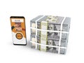 Concept stack of dollars in bank loan through smartphone 3d render on white background with shadow Royalty Free Stock Photo