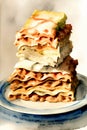 A Stack Of Food Sitting On Top Of A Blue And White Plate. Generative AI