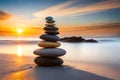 Stack Of Zen Stones On Pebble Beach At Sunset. Post-Processed. Generative AI Royalty Free Stock Photo