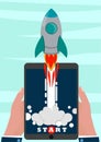 Concept of Start up. Businessman holding a tablet with a rocket. The spacecraft flies out of the tablet`s screen.Flat Royalty Free Stock Photo