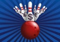 Concept of a stock market collapse and an economic crisis with the symbol of the bowling strike. Royalty Free Stock Photo