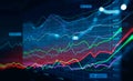 Concept of stock market and fintech forex concept. Blurry blue digital charts over dark blue background. Futuristic financial Royalty Free Stock Photo