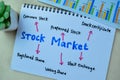 Concept of Stock Market write on book with keywords isolated on Wooden Table Royalty Free Stock Photo