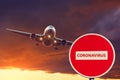 Concept stop sign - quarantine isolation from coronavirus pandemic spread. Cancelled of airline flights to the infected countries