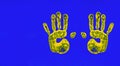 The concept of stop the war. yellow handprints on a blue background, no people, horizontal, Royalty Free Stock Photo