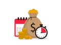 Concept of stopwatch, money bag, coins and calendar. Time is money