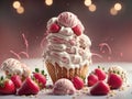 Strawberry And Vanilla Ice Cream Melted With Sprinkles On Wafer Background. 3d Model And Illustration. Generative AI Royalty Free Stock Photo