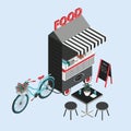 Concept of street food. Bicycle kiosk, foodtruck, portable cafe on wheels. Isometric illustration with fastfood point of