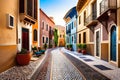 Street View Of Historic Morrocan Alley With Colorful Houses. Generative AI