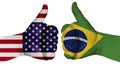 Two hands are painted with flags of different countries, with a thumb raised up. Brazil and the USA