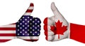 Two hands are painted with flags of different countries, with a thumb raised up. Canada and the USA Royalty Free Stock Photo