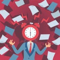 Concept of stress at work, man with alarm clock instead of head, vector illustration