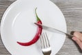 Concept of strict dieting. Close up photo of woman`s hands cutting chili pepper on a plate heartburn burn eating nutrition weight Royalty Free Stock Photo