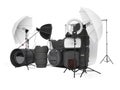 Concept of studio equipment softboxes photo umbrella photo camera photo lens ring light 3d rendering on white background no shadow