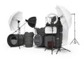 Concept of studio equipment softboxes photo umbrella photo camera photo lens ring light 3d rendering on white background with