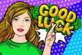 Concept of Success. Good Luck message in pop art style with Shamrock Royalty Free Stock Photo