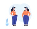 The concept of successful weight loss. Fat and slim girl. Happy fit woman in oversized pants and sad version Royalty Free Stock Photo