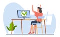 Concept of successful work, woman is happy with completed task. Girl sitting at workplace, check sign on computer screen