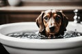 Sudsy Dachshund A Close Up of a Cute Canine Bathing in a Sink .AI Generated