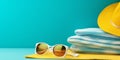 Concept summer beach vacation Blue towel sunglasses and 1690445651473 5 Royalty Free Stock Photo