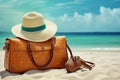 Concept_summer_holiday_Accessories_bag_straw_hat_sunglasses_1690444766648_4 Royalty Free Stock Photo