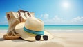 Concept summer holiday. Accessories - bag, straw hat, sunglasses with palm tree reflection, pareo, flip-flops on sandy beach Royalty Free Stock Photo