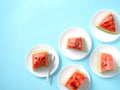 The concept of a summer holiday on a blue background. Pieces of watermelon in a plate, fruit. The view from the top.Flat lay