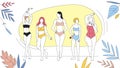 Concept Of Summer Holidays, Beauty And Fashion. Group Of Women In Swimsuits Standing Together In A Row. Beautiful Girls