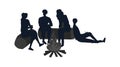 Concept Of Summer Holidays In Nature. People Or Family Silhouettes Sitting On Logs, Enjoying Time At Bonfire. Characters