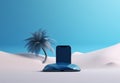 concept summer palm mock holiday sand cyber phone creative sea up. Generative AI.