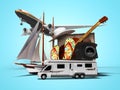 Concept summer traveling abroad by plane or car with suitcase for relaxing things 3d render on blue background with shadow