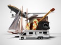 Concept summer traveling abroad by plane or car with suitcase for relaxing things 3d render on gray background with shadow