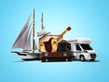 Concept summer traveling abroad in ship or car with suitcase for relaxing things 3d render on blue background with shadow