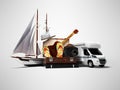 Concept summer traveling abroad in ship or car with suitcase for relaxing things 3d render on gray background with shadow