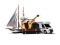 Concept summer traveling abroad in ship or car with suitcase for relaxing things 3d render on white background with shadow