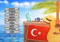 Concept of summer traveling with old suitcase and Turkey town with burning sun