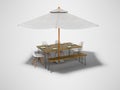 Concept summer umbrella with table and chairs for picnic 3d render on gray background with shadow