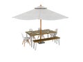 Concept summer umbrella with table and chairs for picnic 3d render on white background no shadow