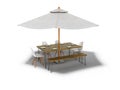 Concept summer umbrella with table and chairs for picnic 3d render on white background with shadow