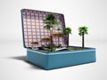 Concept summer vacation in blue leather suitcase pool boat beach umbrellas palm chairs 3d render on gray background with shadow