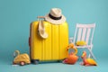 blue background vacation yellow suitcase summer travel sun concept sunglasses flamingo. Generative AI. Royalty Free Stock Photo