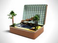 Concept summer vacation in leather suitcase swimming pool beach umbrellas palm trees perspective 3d render on gray background with