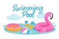 Concept Of Summer Vacations. Cute Inflatable Pink Flamingo With Ball, Rubber Ring In The Swimming Pool. Toys For Active